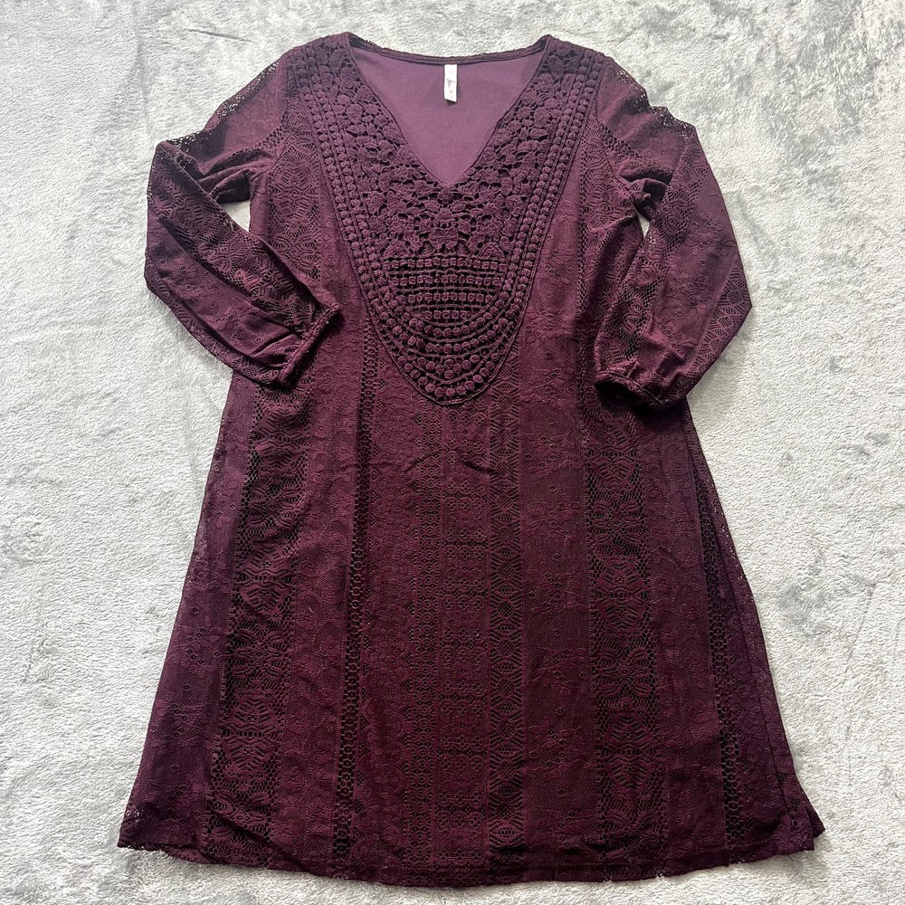 Xhilaration Womens Boho Lace Burgundy Dress XS Vneck 3/4 Sleeve Hippie A-Line